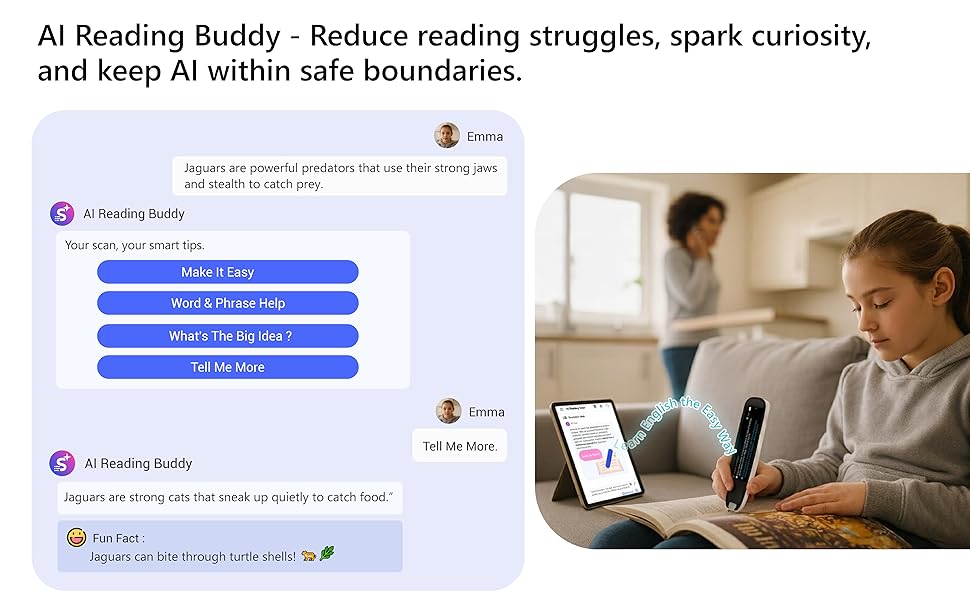 AI reading buddy of WorldPenScan reduce reading struggle, and spark curiosity.