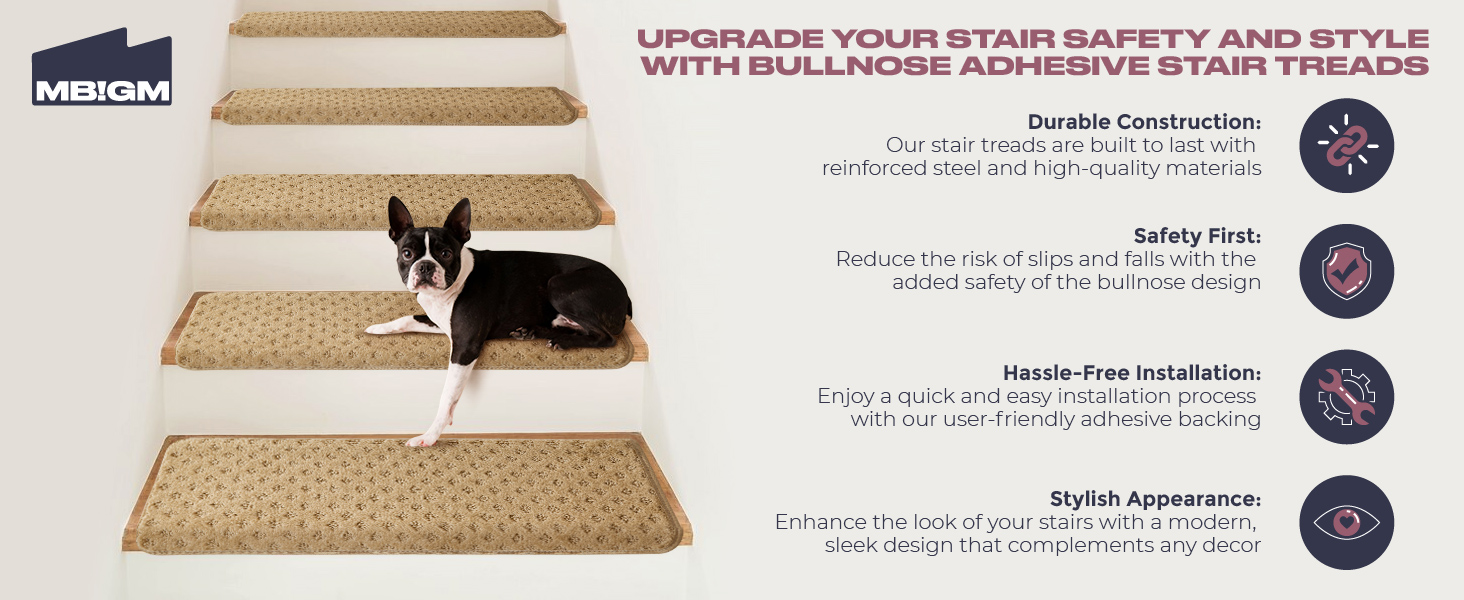 MBIGM stair runners for wooden steps non slip, bullnose carpet stair treads