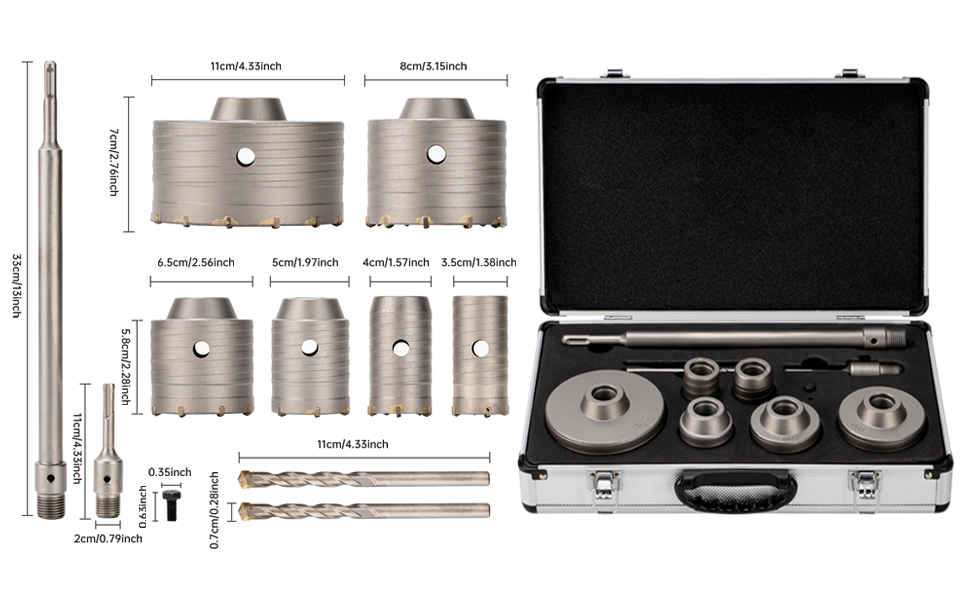 10PCS Concrete Hole Saw Kit,Tungsten Carbide Drill Bits with SDS Connecting Rod, Masonry Hole