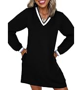 EVALESS Womens Dresses 2025 Fall V Neck Long Sleeve Casual Tshirt Dress Spring Contrast Striped S...