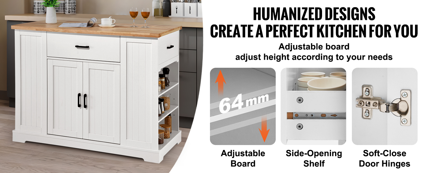 VEVOR Kitchen Island Cart, 46" Wood Top Breakfast Bar with Storage