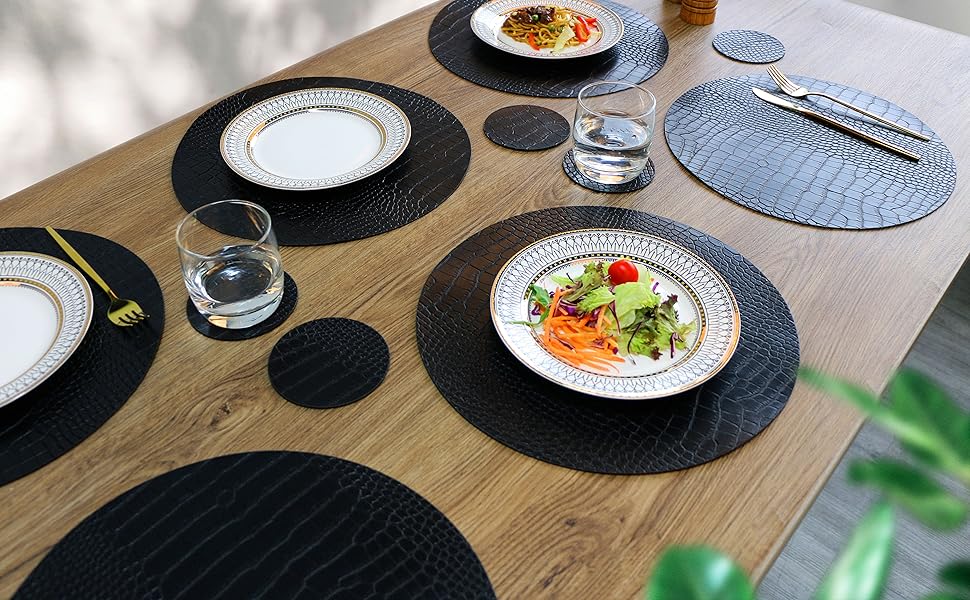 Round Leather Placemats for Round Tables Set of 6, Black