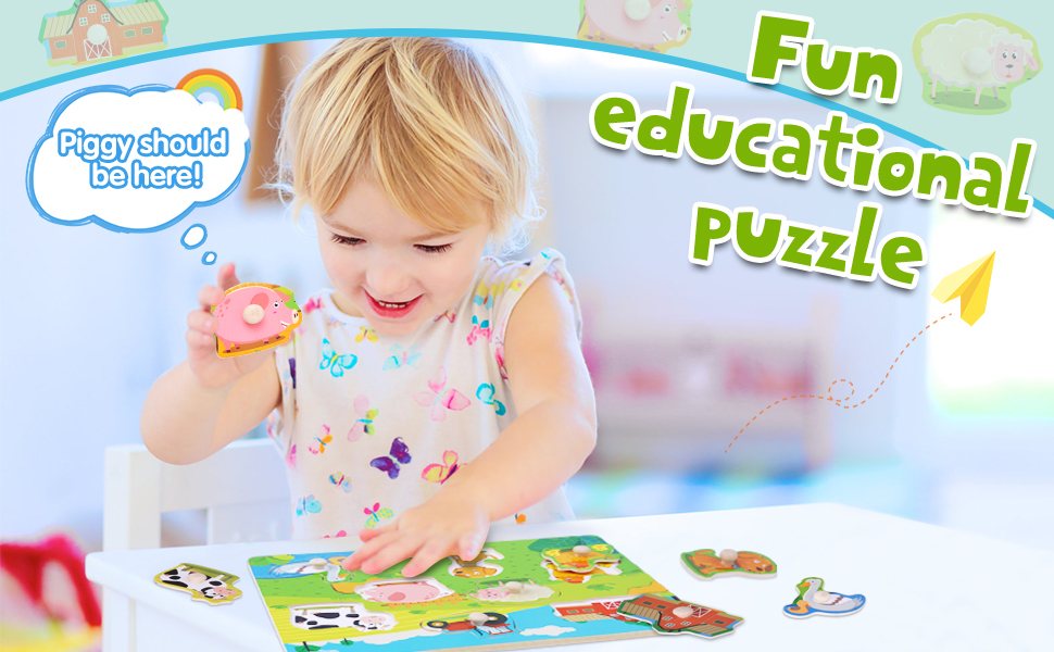 Wooden Puzzles for 1 Year Old, Farm Animals Peg Puzzles, Fine Motor