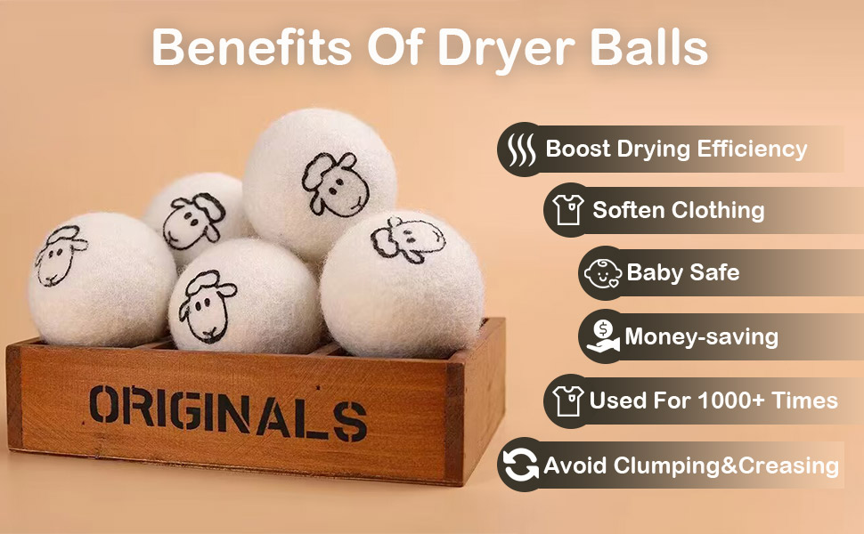 Wool Dryer Balls 6 PCS Dryer Balls Laundry Reusable 100 Wool Balls for Dryer with Sheep Pattern