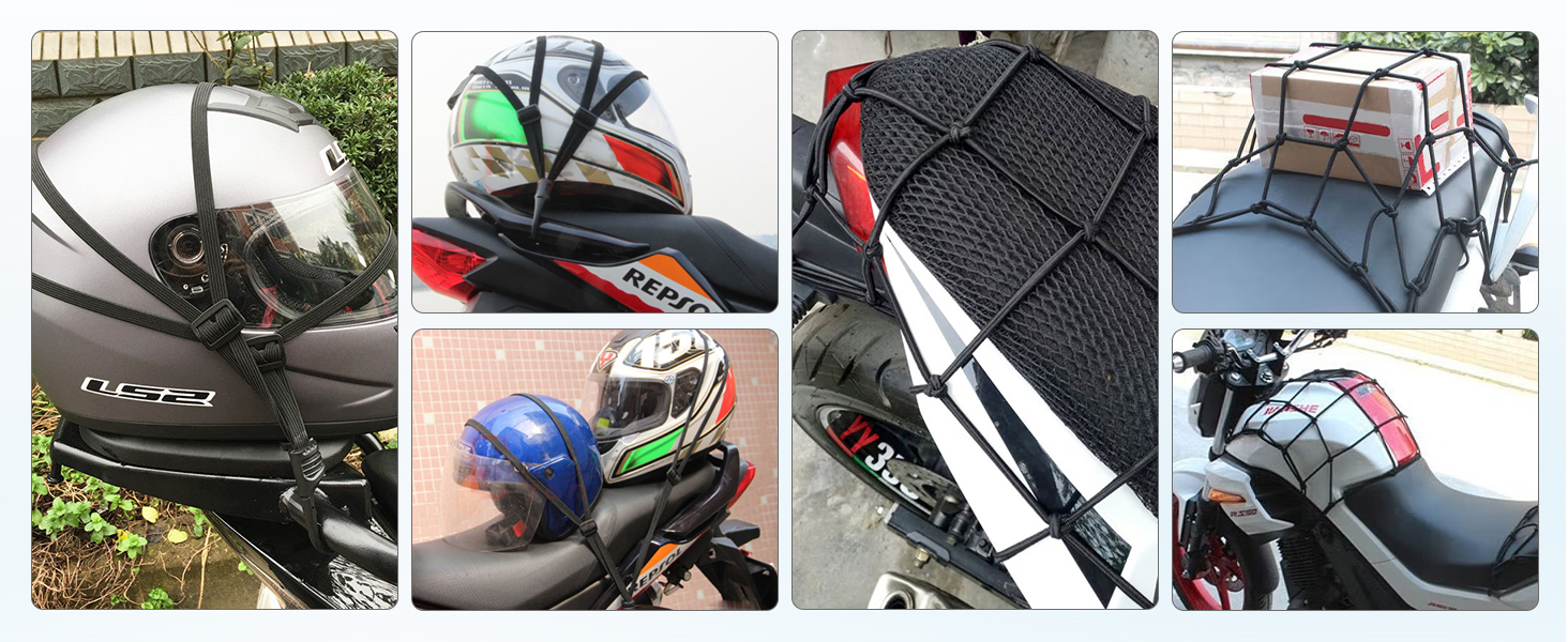 Plusieurs vues de l'installation du filet de chargement pour motos, montrant différents angles du filet élastique noir fixé sur différentes zones de rangement pour motos.