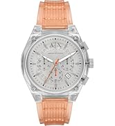 Reloj cronógrafo con caja plateada y correa de silicona de color melocotón/coral, que se muestra desde varios ángulos mostrando la esfera y los detalles de la correa.