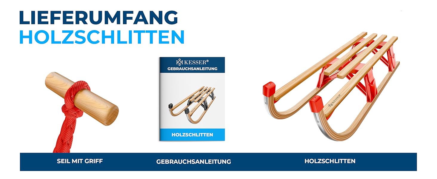 Der Text lautet: 'LIEFERUMFANG HOLZSCHLITTEN'. Bild im Stil eines Produktkatalogs, das drei Varianten von Holzschlitten in blauem und weißem Layout zeigt.