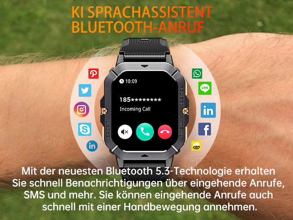 Smartwatch am Handgelenk mit Bildschirm für eingehende Anrufe, umgeben von App-Symbolen. Der Text beschreibt die Bluetooth 5.3-Konnektivität für Benachrichtigungen und Anrufe