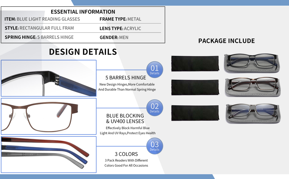 3-Pack Reading Glasses for Men Blue Light Blocking Metal Full Frame Computer Readers