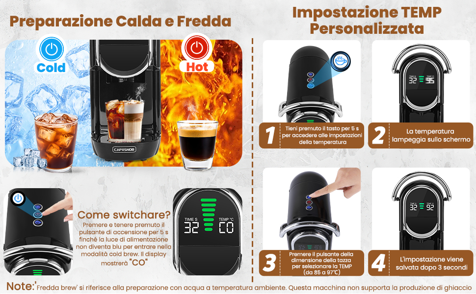 Magician1 Mini 5in1 Macchina da Caffè Modalità Caldo/Freddo Operazione, Tieni premuto per 5 secondi