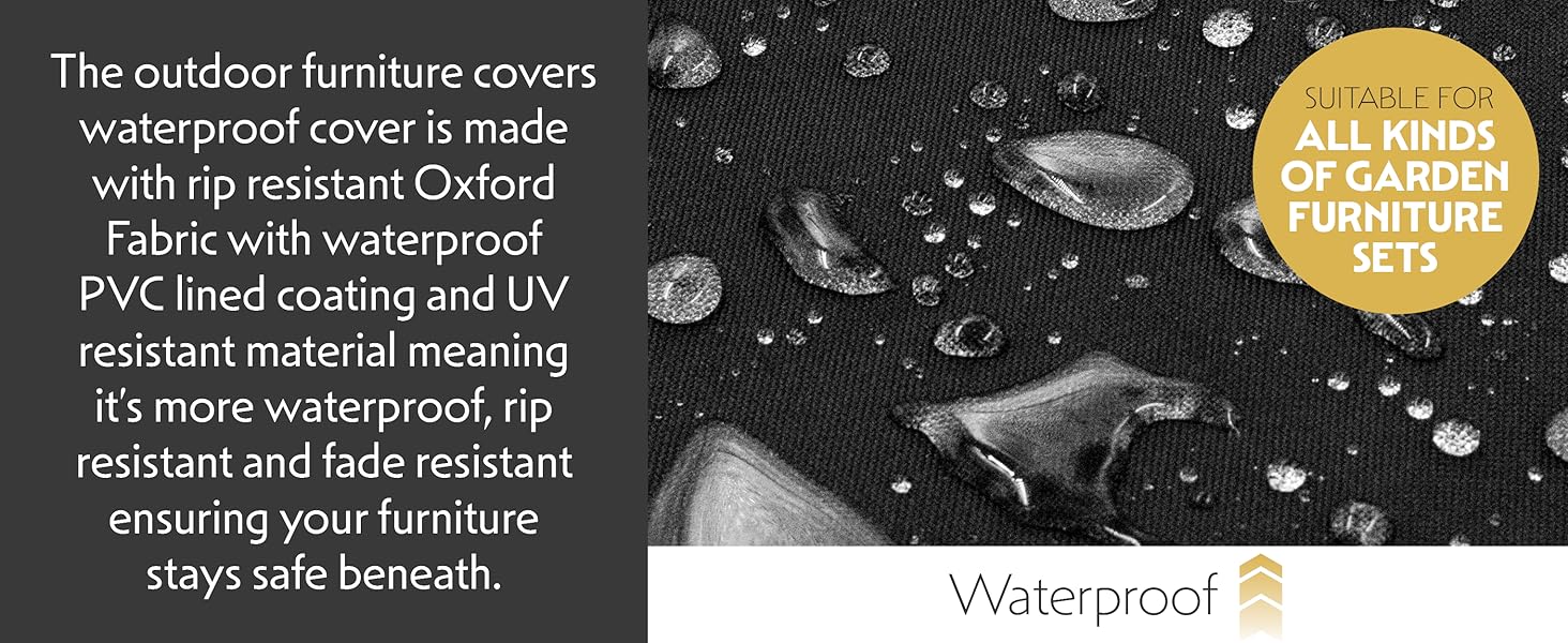 Water droplets on dark surface demonstrating waterproof furniture cover made with Oxford fabric and PVC coating, featuring UV and rip-resistant properties.