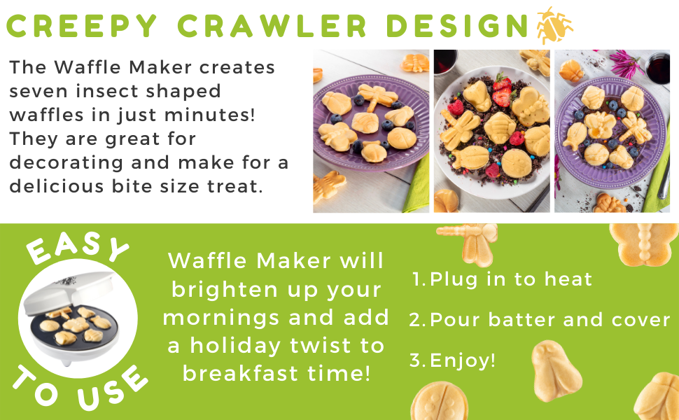 The Original Creepy Crawly Bug Waffle Maker - Make 7 Fun Different Insect Shaped Pancakes Including A Beetle, Lady Bug, Bee & More- Electric