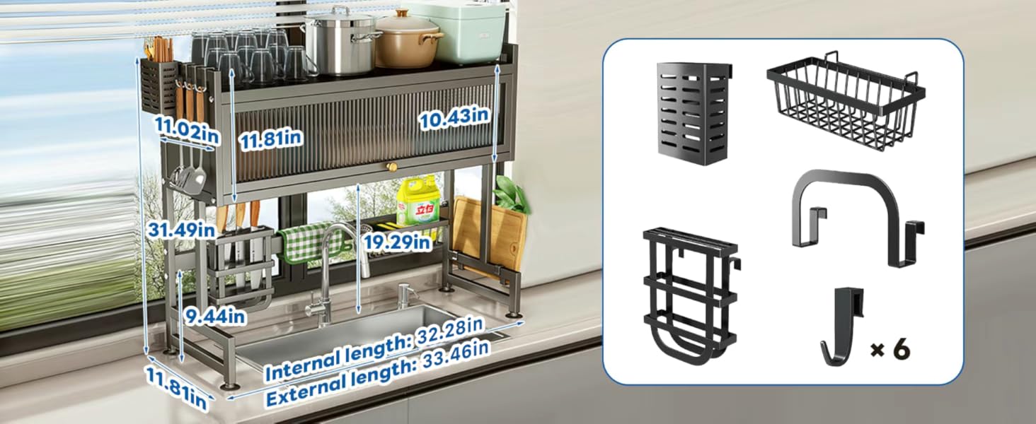 High-Capacity Over the Sink Dish Drying Rack with Cover