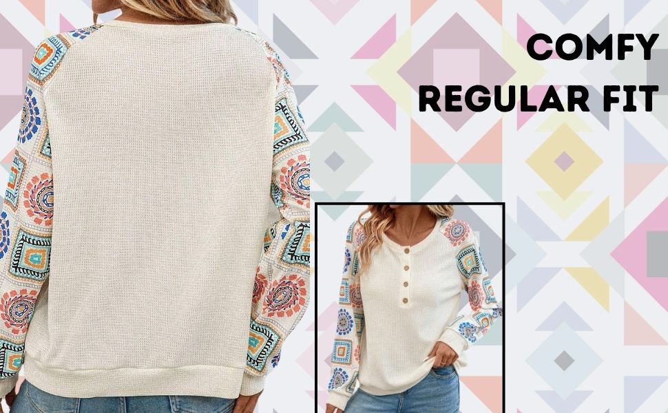 Geometric floral print top Regular fit top for women Round neck button top Trendy top for women