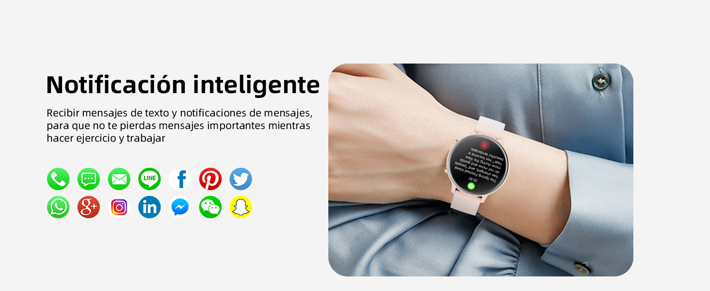con colorida pantalla redonda en la muñeca, que muestra los iconos de las aplicaciones. A continuación se muestran varios logotipos de redes sociales y aplicaciones de mensajería