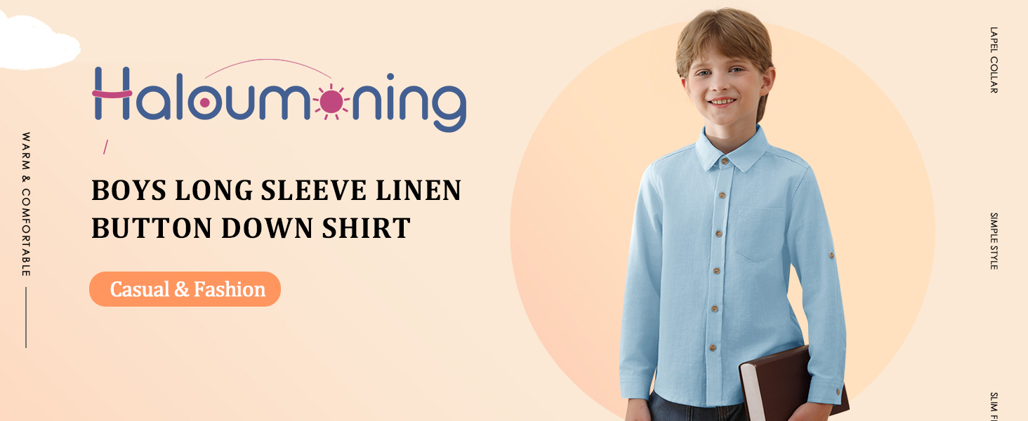 Boys' Long Sleeve Button-Down Collared Linen Shirt with Chest Pocket School Uniform Dress Shirts