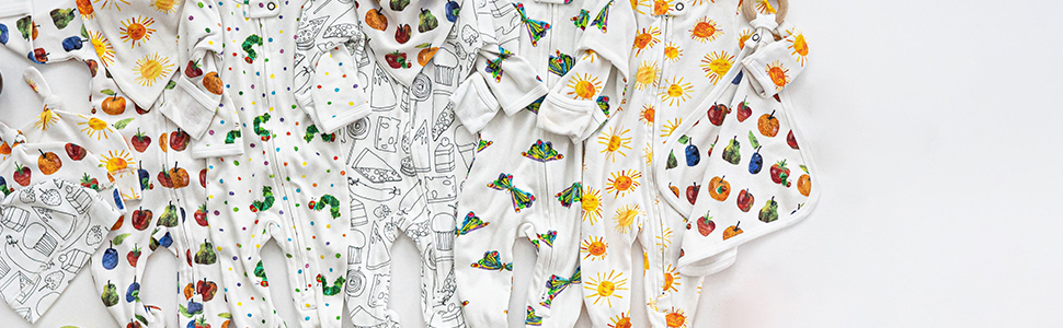 Styled flat lay image including various styles from the very hungry caterpillar collection