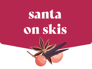 Text reads 'santa on skis' in white text on magenta banner background. Decorative butterfly or moth illustration below text.
