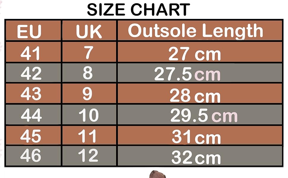 Shoe size chart showing EU, UK, and outsole length measurements from sizes 41 to 46. Brown fuzzy slipper sole visible below.