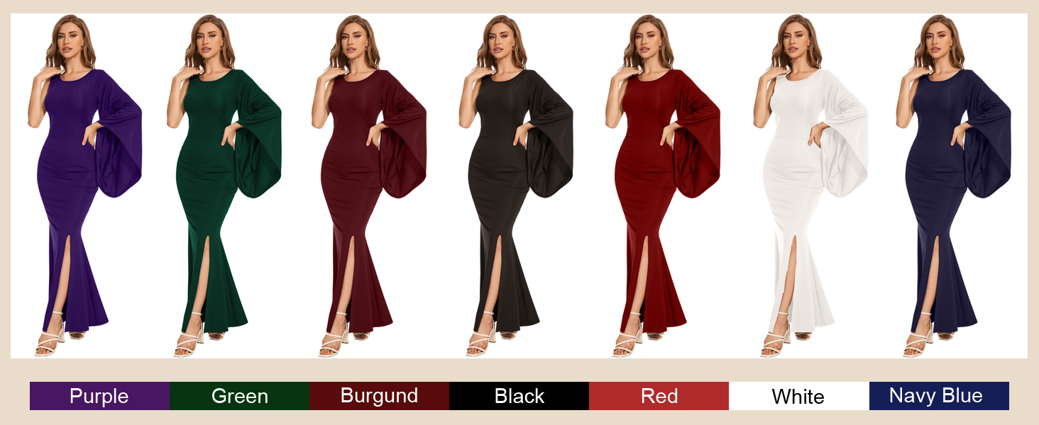 Women's Elegant One Bell Sleeve Side Split Bodycon Long Formal Evening Dress