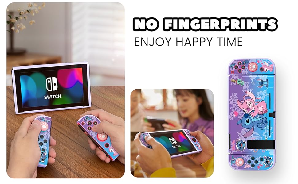 Le texte indique « AUCUNE EMPREINTE DIGITALE » et « PROFITEZ D'UN BON MOMENT ». Plusieurs images montrant des écrans d'appareils portables et des accessoires de protection aux motifs colorés.