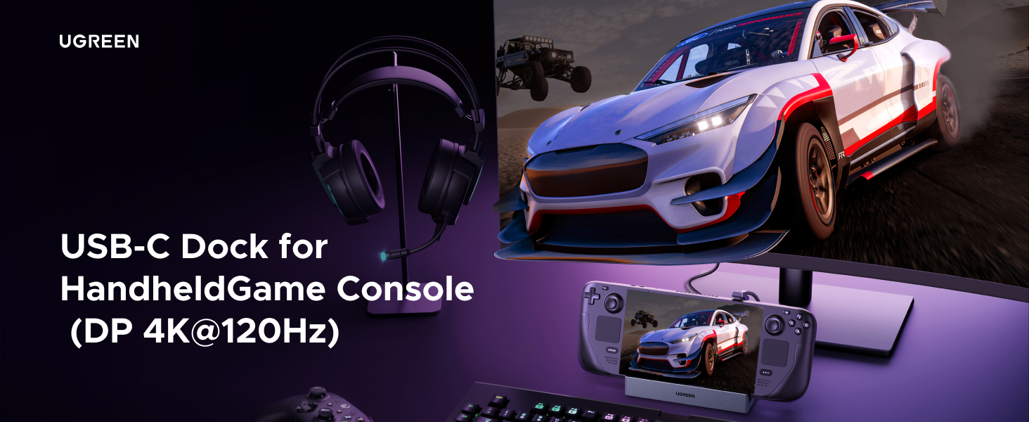 Composite image showcasing Ugreen USB-C dock for handheld game console. Features gaming headphones, racing car, and handheld console displaying car game. Advertises DP 4K@120Hz capability.