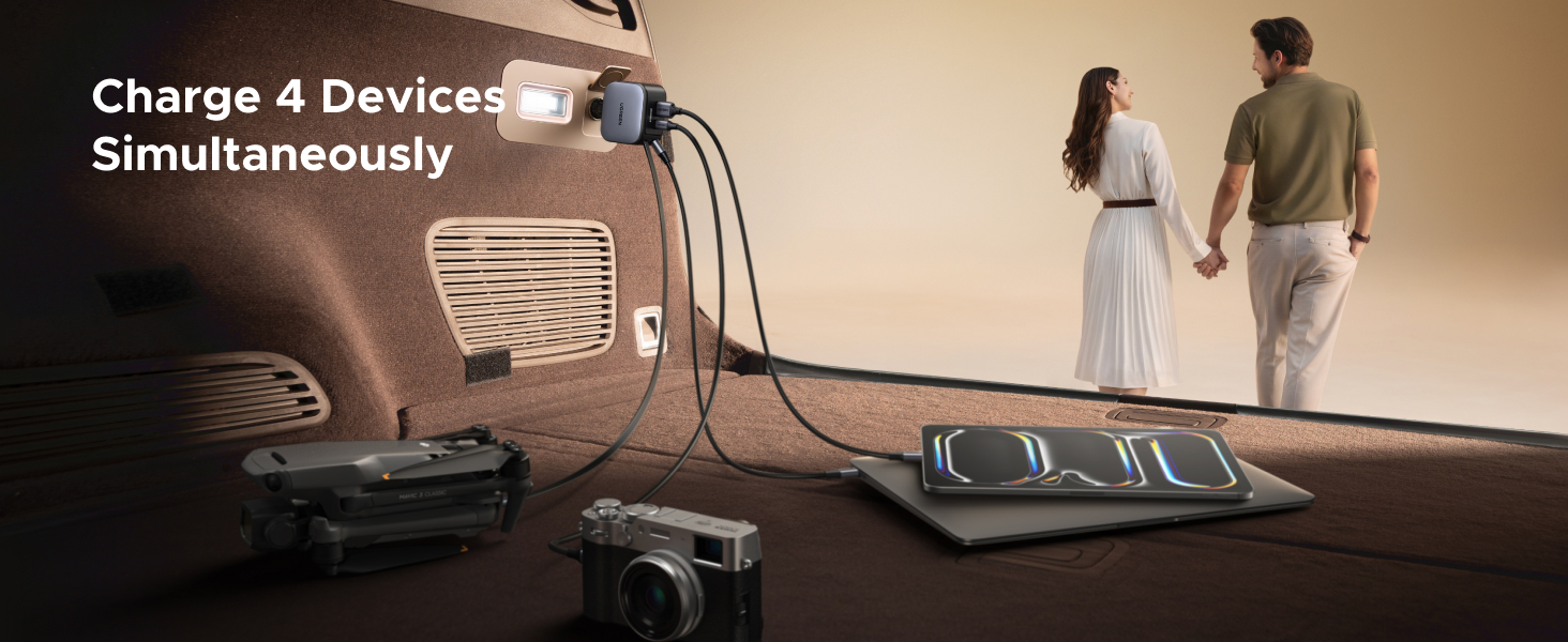 Charge four devices simultaneously in your car with the UGREEN Nexode Car Charger 145W with Retractable USB-C Cable, the ideal travel charger combining high-speed performance and compact design for your travel needs.