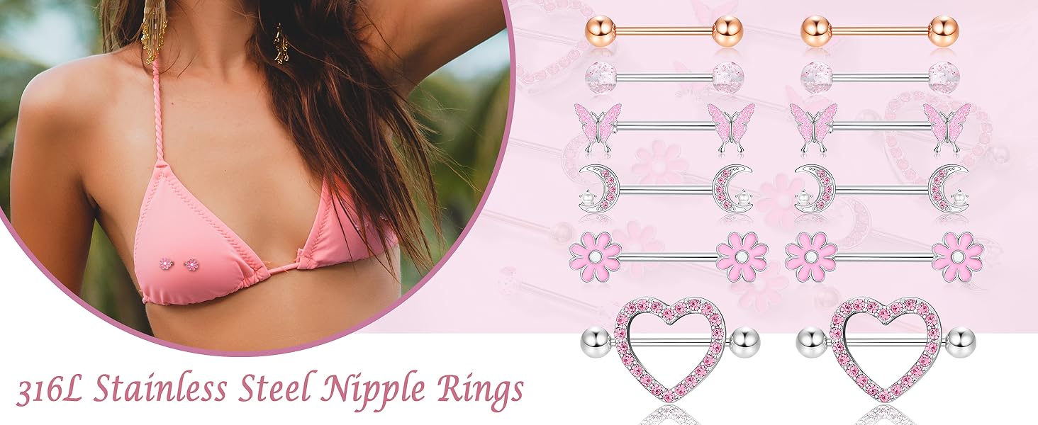 Kakonia 14 Gauge Nipple Rings Stainless Steel Cute Nipple Piercing Jewelry