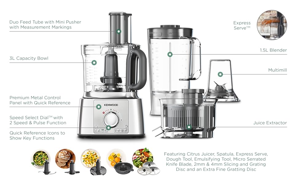 Kenwood Food Processor, 1000W, 3L Bowl, 1.5L Blender, 11 Processing