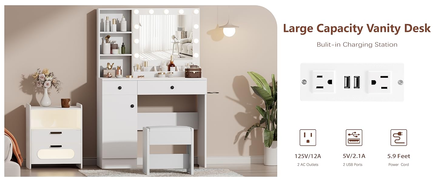 Esmlada Makeup Vanity Desk with Mirror and Lights, White