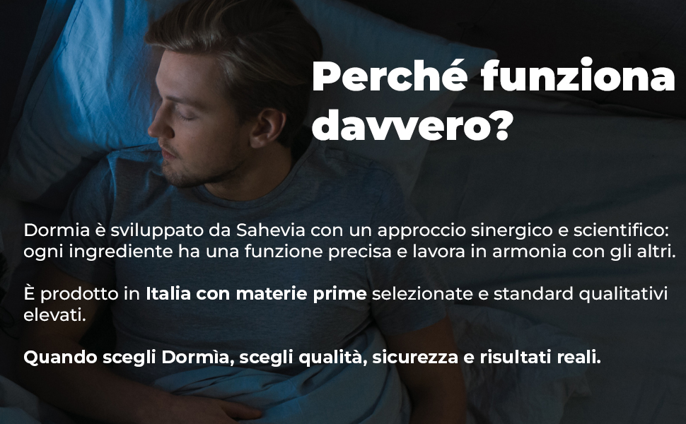 Il testo recita «Perché funziona davvero?» seguito da un testo in italiano sulla produzione del prodotto e sugli standard di qualità. Sfondo scuro con layout di testo bianco.