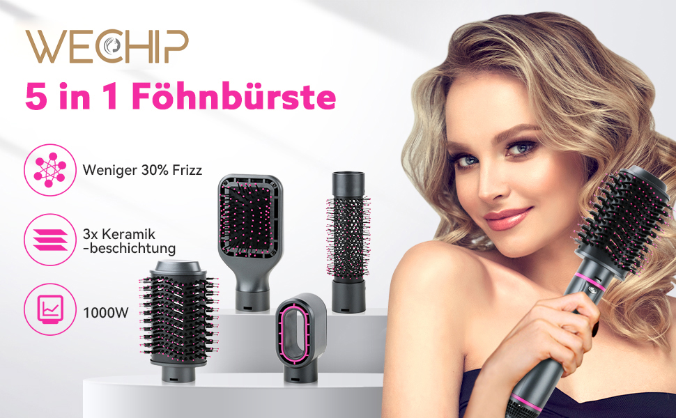 [5 in 1]WeChip Haartrockner Warmluftbürste, [Abnehmbar] Föhnbürste zum ...