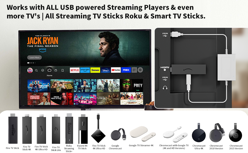 Text reads 'Works with ALL USB powered Streaming Players & even more TV's! (All streaming TV sticks Nxtvz & Smart TV Sticks)'. Banner showing various streaming device compatibility icons and connections.
