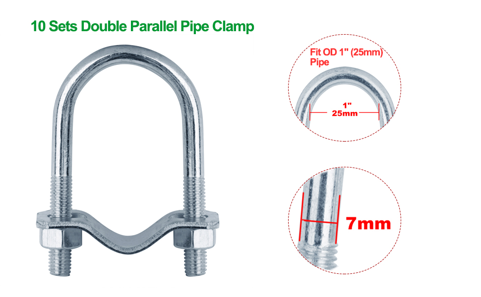 10 Sets Adjustable Round UBolts Pipe Clamp, Double Pipe Clamp fit OD 1