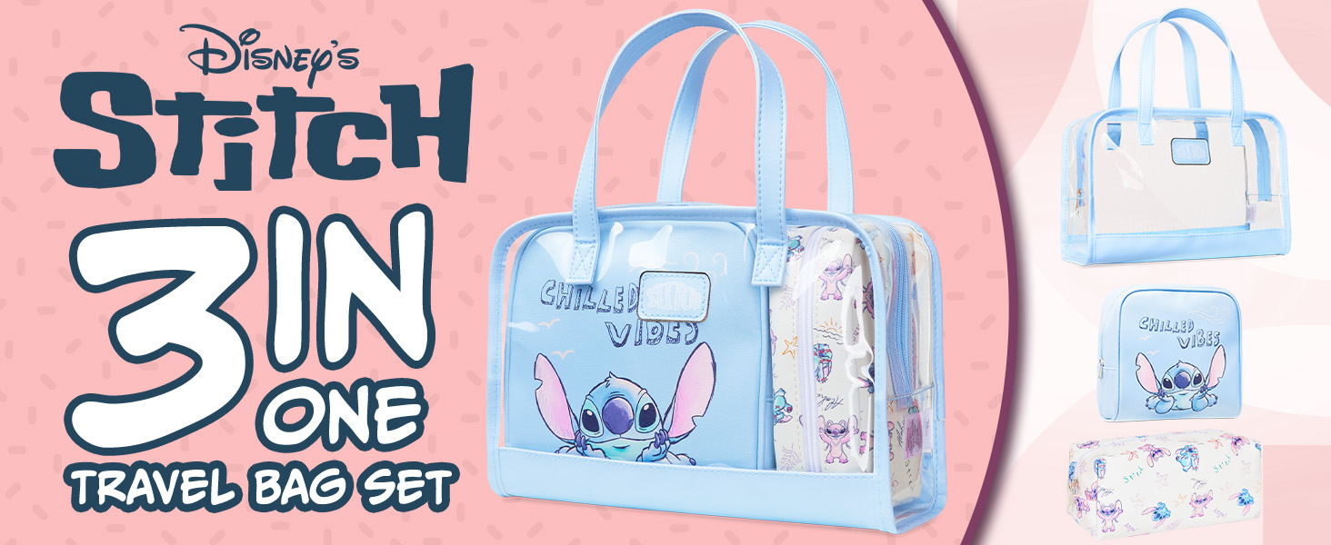 Set di borse da viaggio 3 in 1 Disney's Stitch con borse blu chiaro con il design dei personaggi di Stitch. Le visualizzazioni multiple mostrano borse