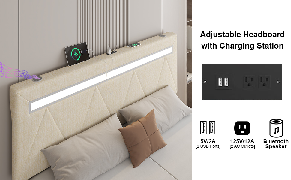 EMotie King Size Upholstered Platform Bed Frame with LED