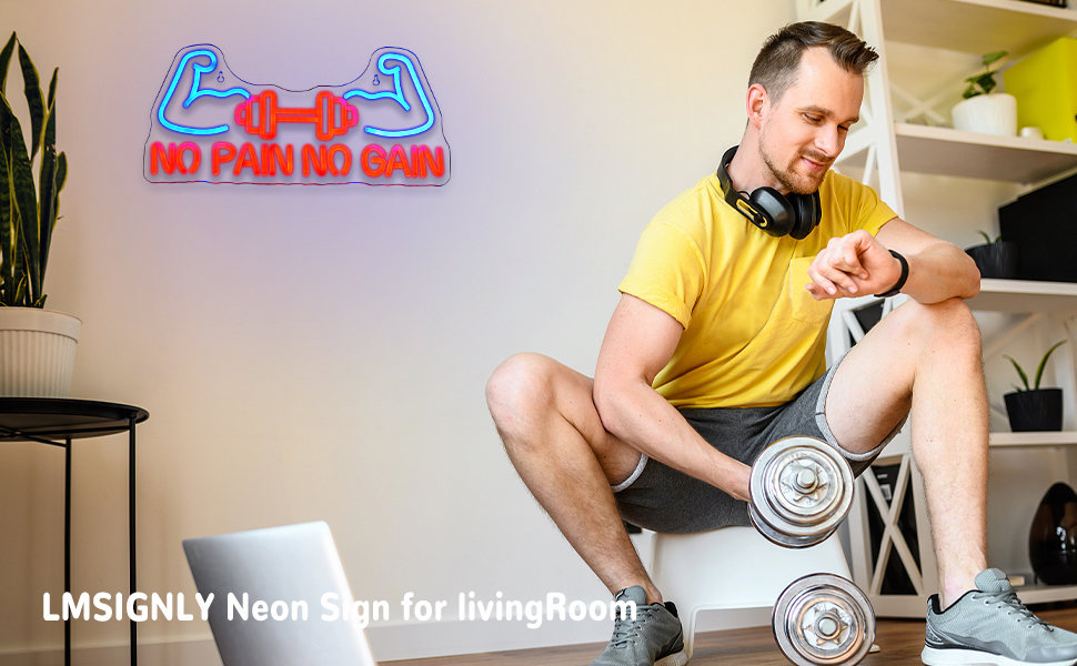 Blue neon sign displaying flexed arm design with 'NO PAIN NO GAIN' text, mounted on wall in home gym setting.