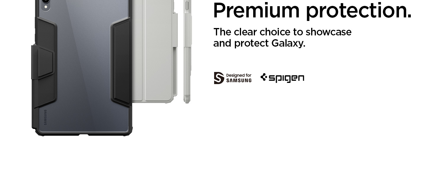 Der Text lautet „Premium-Schutz. Die klare Wahl, um Galaxy zu präsentieren und zu schützen. Produktbild von durchsichtigen Schutzgehäusekomponenten.