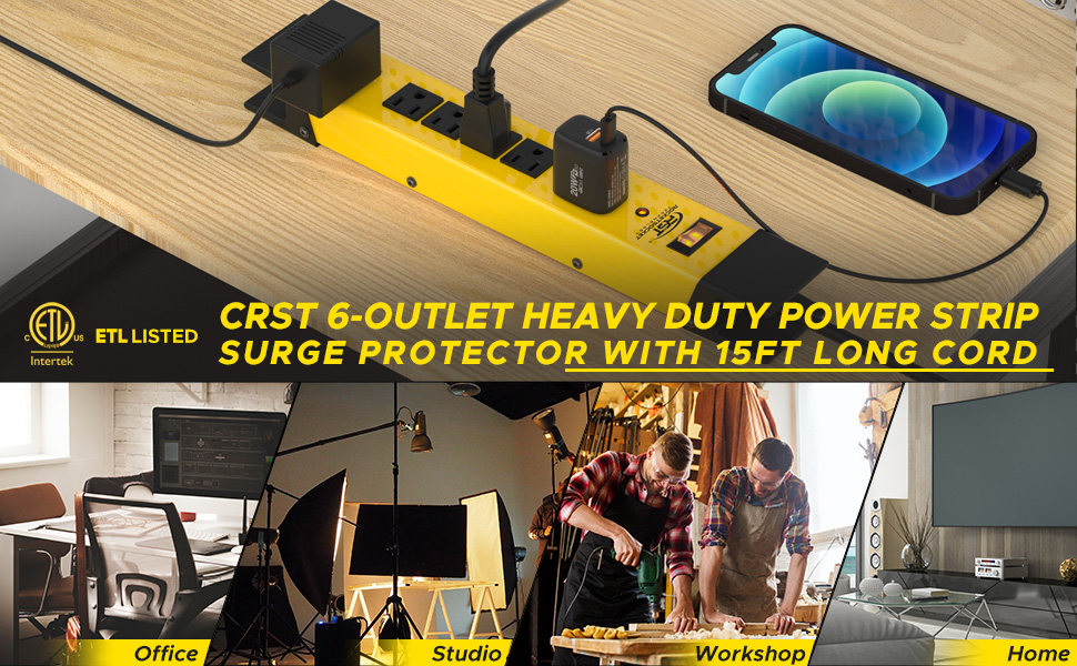 CRST 6-outlet heavy duty surge protector with 15 ft long cord banner