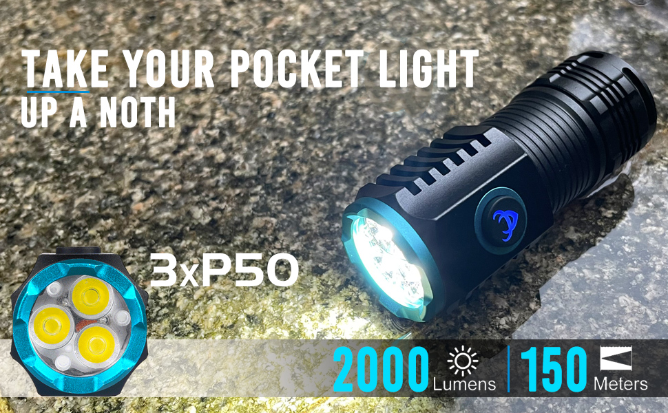 TsukiTac Mini Flashlight, 2000 Lumens, Rechargeable Compact LED Flashlight, Lightweight Pocket