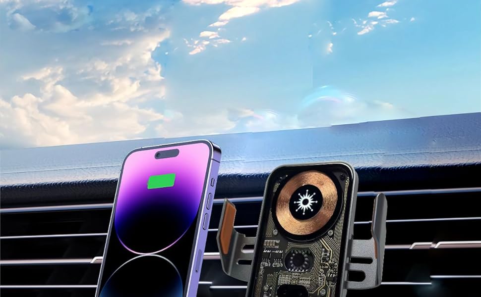 Two smartphone holders mounted on a car's air vent. One displays a purple-black gradient screen, the other shows a circular interface with golden details.