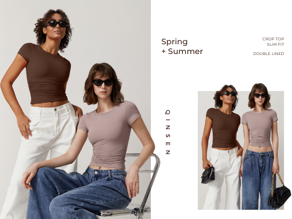 QINSEN Crewneck T Shirts for Women Summer Double Lined Short