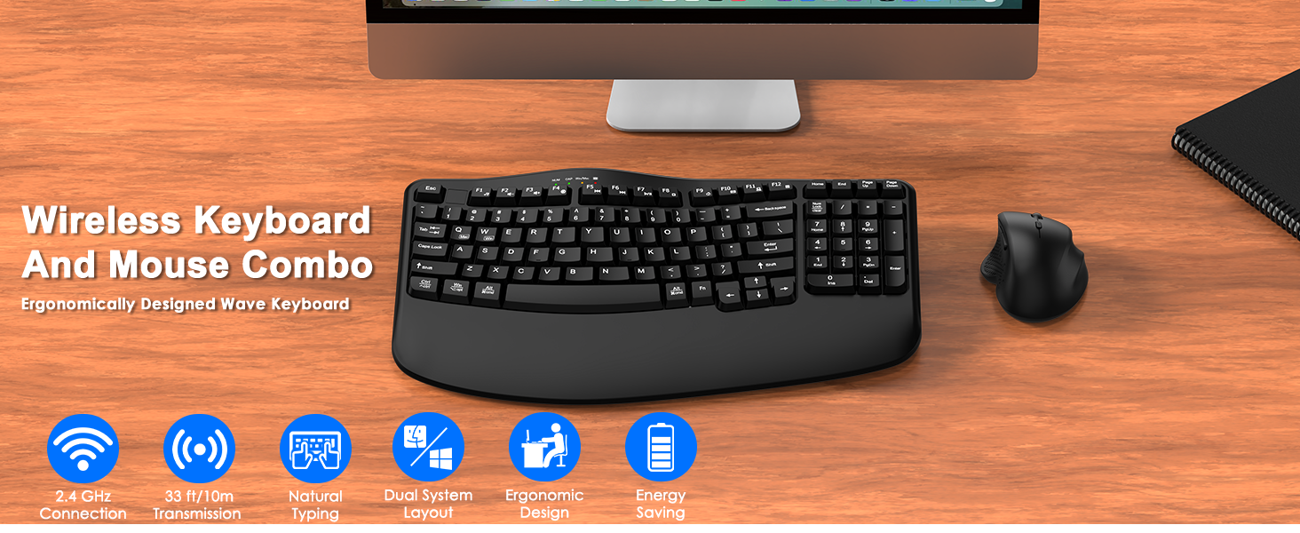 Wireless Keyboard and Mouse Combo Wave Keys Ergonomic Keyboard Wrist Rest Advanced Ergonomic Mouse