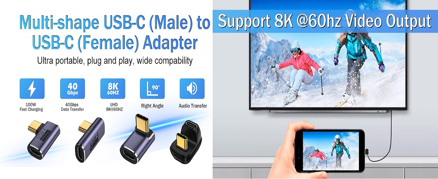 Mixed USB C Adapter USB 4.0/Thunderbolt 4 with 100W 40Gbps 90/180 Degree Right Angle