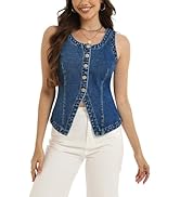 D-Sun Women Sleeveless Denim Vest Crewneck Button Down Jean Waistcoat Casual Front Slit Slim Deni...
