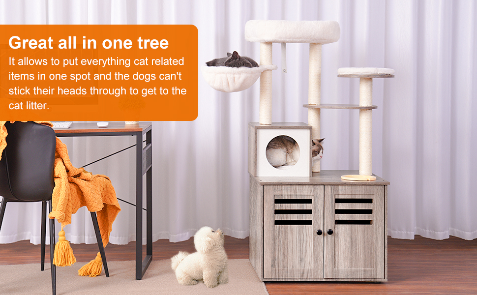 Heybly Cat Tree, Wood Litter Box Enclosure with Food Station, Allin