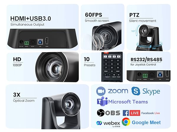 TONGVEO 3X Optical Zoom 1080P 60FPS USB3.0 Video Conference PTZ Camera