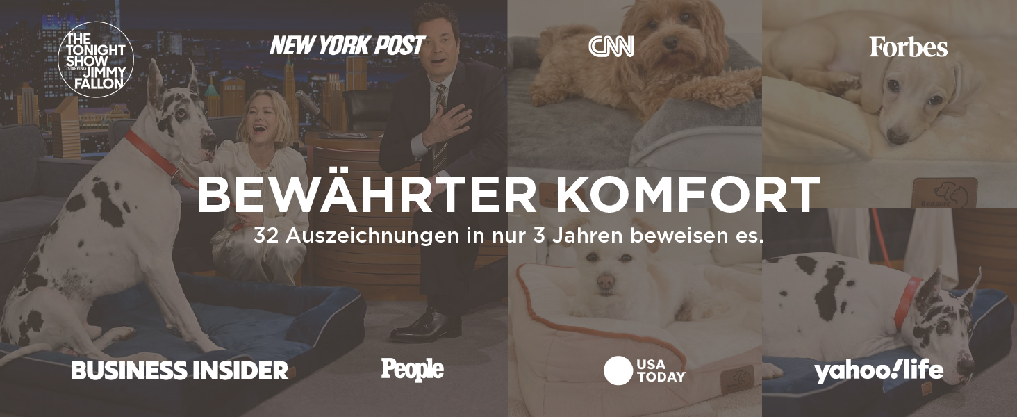 Der Text Lautet: „Bewährter Komfort“, „New York Post“, „Cnn“, „Forbes“, „Business Insider“, „People“, „Yahoo/Life“. Werbung MIT Logos von Medienunternehmen auf Strukturiertem Hintergrund.
