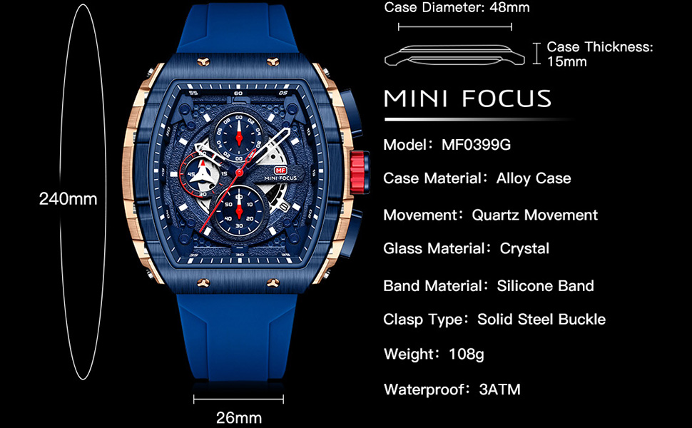Mini Focus Unique Men Chronograph Watch Tonneau Casual Wrist Watches ...
