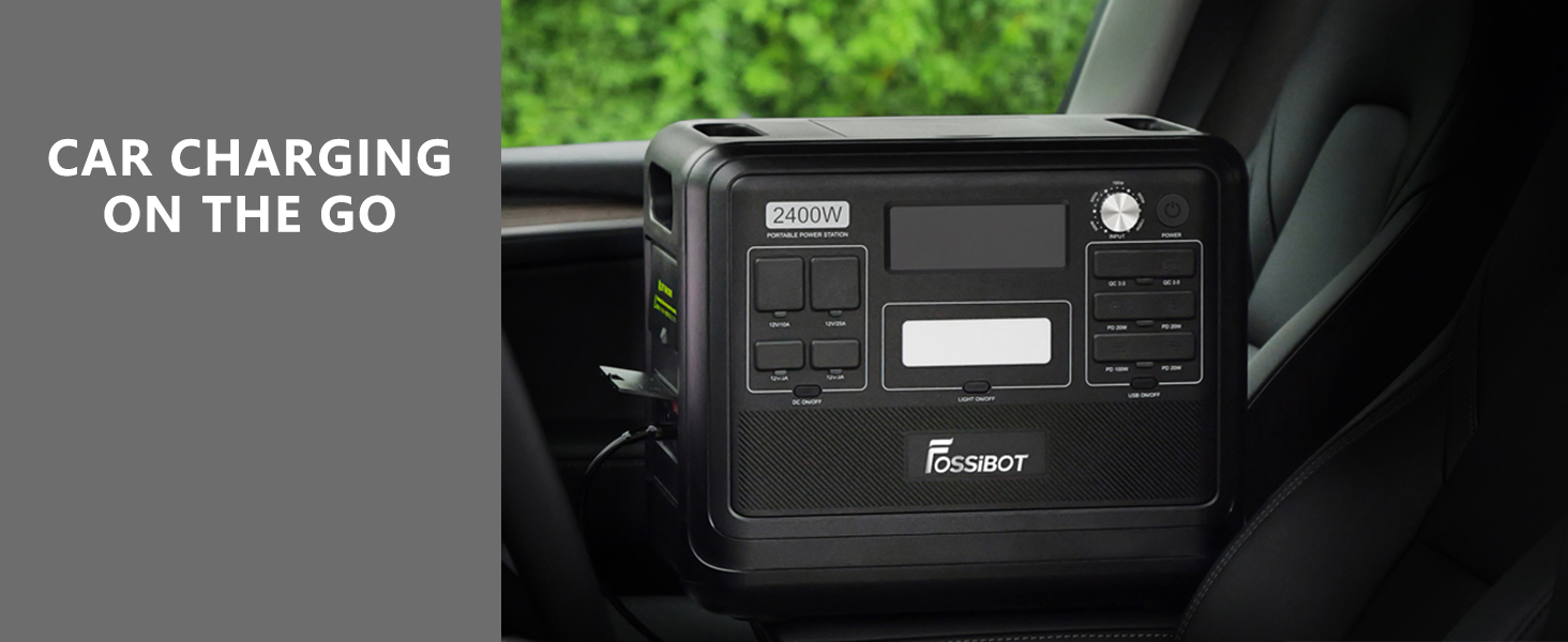 Portable power station with multiple outlets and digital display, placed on a car seat. Device features 'CAR CHARGING ON THE GO' capabilities.